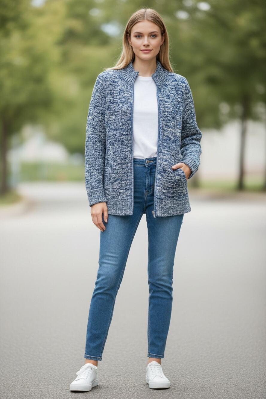 LANDS END Sweater Jacket Size M Blue Heather Drifter Long Sleeve Knit